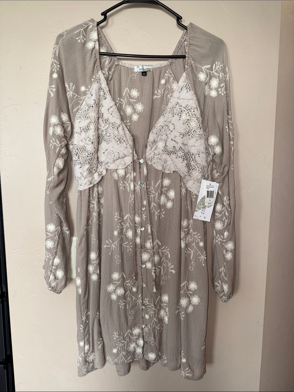 Women’s Long Sleeve Taupe Floral Button-Front Dress with Lace